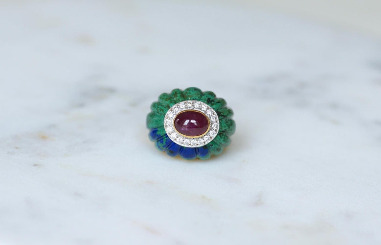 Bague 53 David Webb - Bague Boule Azurmalachite, Rubis, et Diamants en Or Jaune 58 Facettes