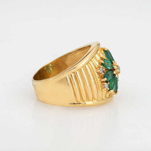 Bague Emerald Diamond Cigar Ring Vintage 18k Yellow Gold Sz 9 Band Flower Jewelry 58 Facettes G13496