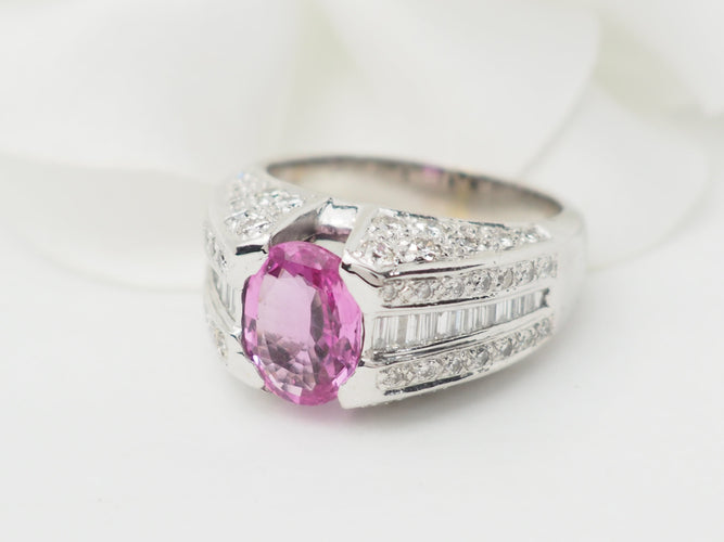 Bague 53 Bague jonc en or blanc, saphir rose et diamants 58 Facettes 33291