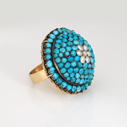 Antique Victorian Ring Turquoise Pearl Dome Yellow Gold Conversion Jewelry 7.25 58 Facettes G14117