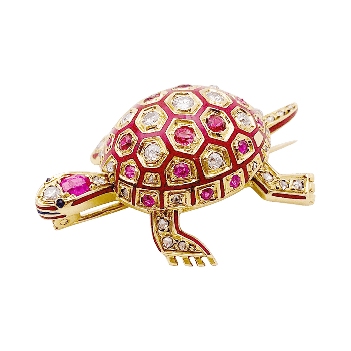 Broche Broche vintage, "Tortue", or jaune, émail, rubis. 58 Facettes 34164