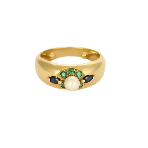 Yellow gold ring, emeralds, sapphire and pearl 