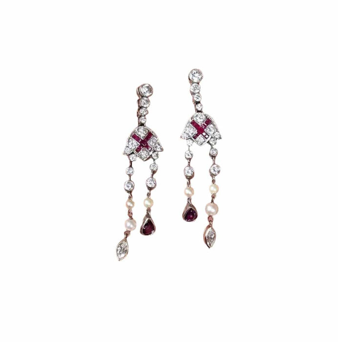 Boucles d'oreilles Boucles d'oreilles style Art Déco platine diamants perles et rubis 58 Facettes