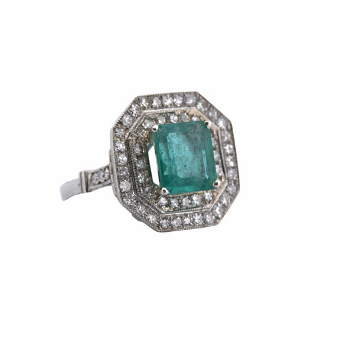 Bague 55 Bague Art Déco en platine avec émeraude 58 Facettes