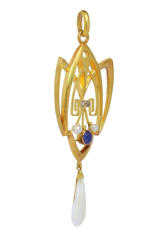 Pendentif Coup de fouet romantique : pendentif Art nouveau avec diamants, saphir et perle rare 58 Facettes 24292-0258