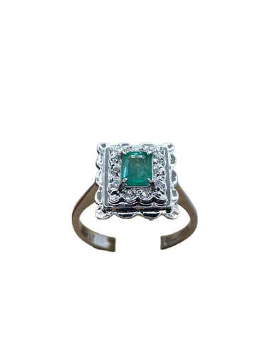 Bague 56 Bague vintage Or blanc Emeraude Diamants 58 Facettes