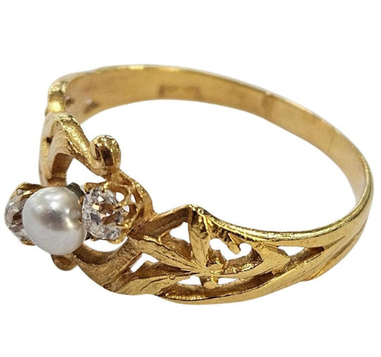 Bague Bague Art Nouveau diamants old mine et perle de culture en or jaune 18k 58 Facettes A834