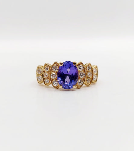 Bague 52 Bague jonc vintage en or 18k tanzanite 1,10 ct et diamants 58 Facettes B01020