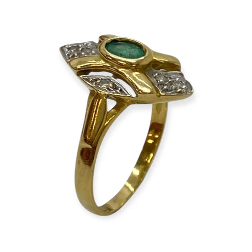 Ring 52 Antique ring in 18k yellow gold and emerald, diamonds 58 Facettes 330091854