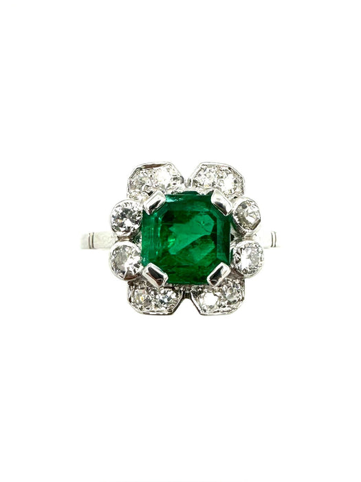 Art-Deco ring, witgoud en platina, smaragd en diamanten