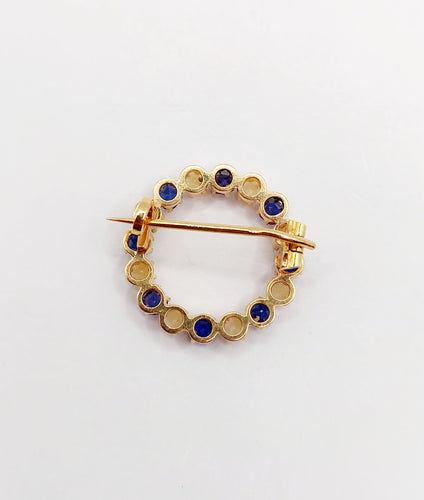 18k黄金古董胸针，镶有珍珠和蓝色宝石 