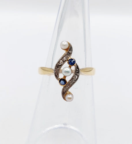 Bague 50 Bague marquise antique or et platine perles, diamants et saphirs 58 Facettes A04421