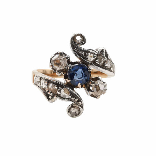 Zabytkowy pierścionek z szafirem i diamentami 