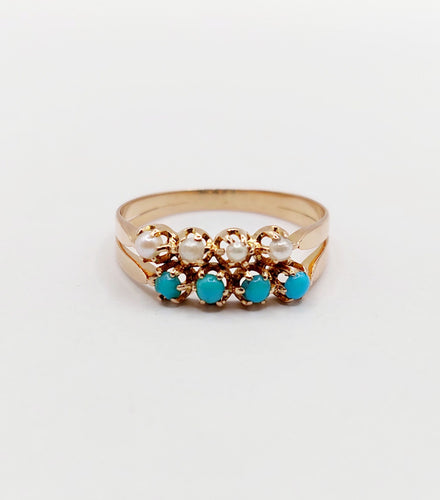 Bague 56.5 Bague antique or rose 18k perles et turquoises (circa 1900) 58 Facettes A05999