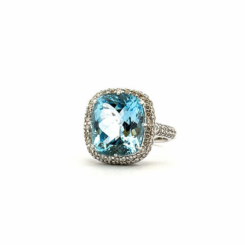 Bague 56 Bague or blanc topaze bleue et diamants 58 Facettes