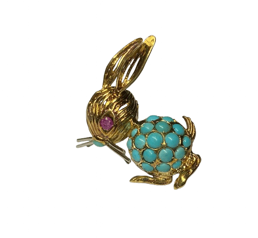 Broche broche lapin or jaune turquoises rubis 58 Facettes