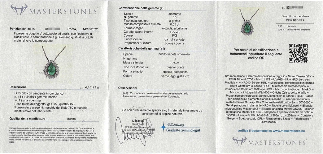 Collier Collier en or blanc avec émeraude colombienne de 0,75 ct et diamants 58 Facettes 12482