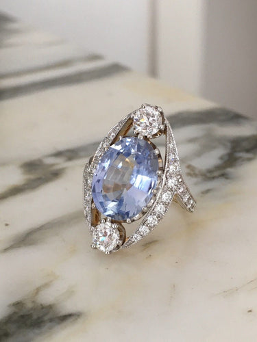 Bague 53 Bague Belle Époque en or jaune et blanc 18k, saphir de Ceylan et diamants 58 Facettes
