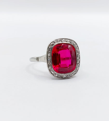 Ring Art Deco white gold, synthetic ruby and rose-cut diamonds (circa 1930) 