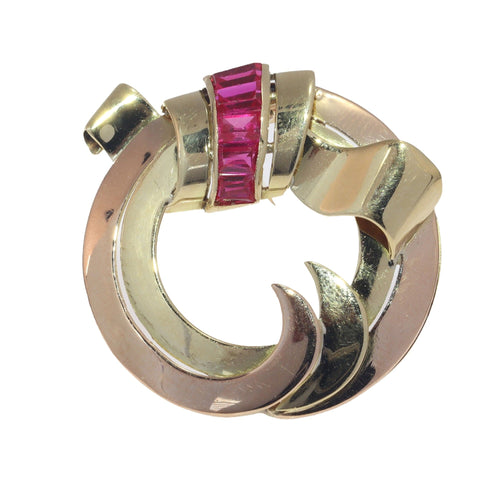 Broche Broche vintage rétro en or bicolore 18 carats sertie de rubis 58 Facettes 22166-0003