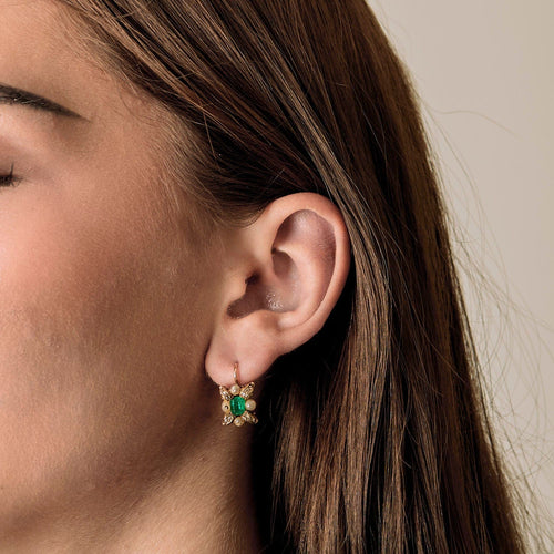 Boucles d'oreilles Boucles d'oreilles dormeuses, émeraude, roses diamantées et perles 58 Facettes EVR2622