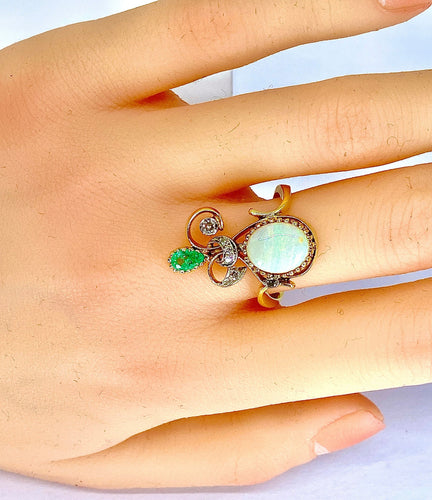 Bague 56 Bague 2 Ors Opale Emeraude Diamants 58 Facettes AB226