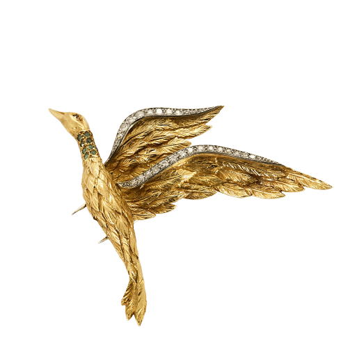 Broche Elegante Broche "Colvert" en or jaune et or blanc, diamants, émeraudes et rubis 58 Facettes SNA1646