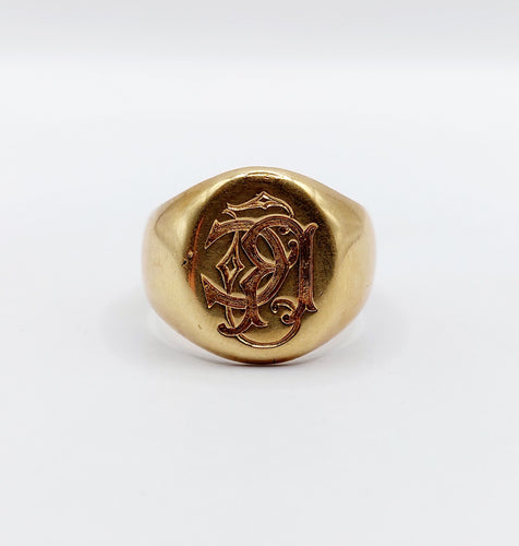 Bague 55 Chevalière antique or jaune monogrammée RC 58 Facettes A05722