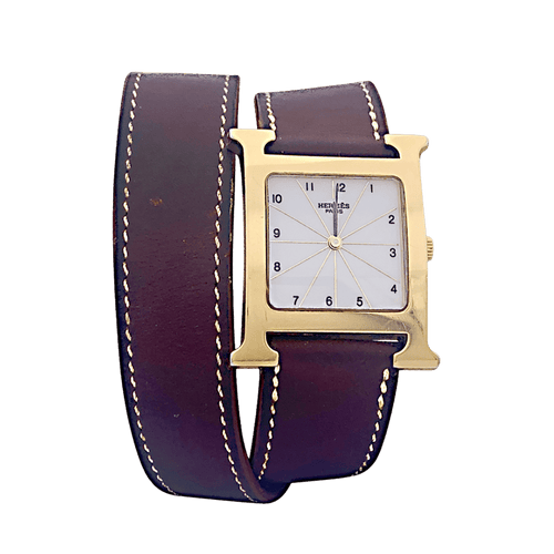 Montre Hermès,"Heure H", plaqué or, acier sur cuir. 58 Facettes 33734