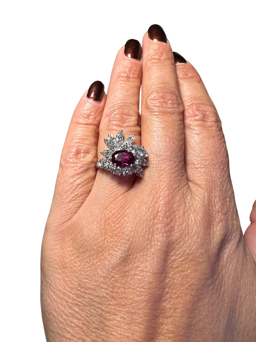 70s Cocktail Ring White Gold Ruby Diamonds