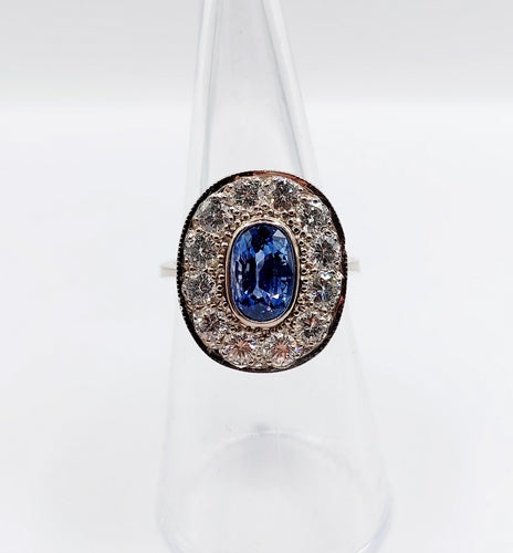 Pompadour-ring Art Deco i 18k hvidguld, syntetisk safir og diamanter 