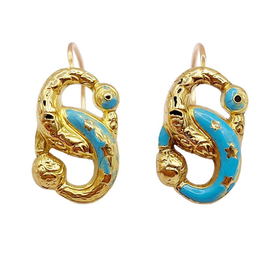 Boucles d'oreilles Dormeuses victorienne or jaune infini et émail bleu (circa 1870) 58 Facettes A06050