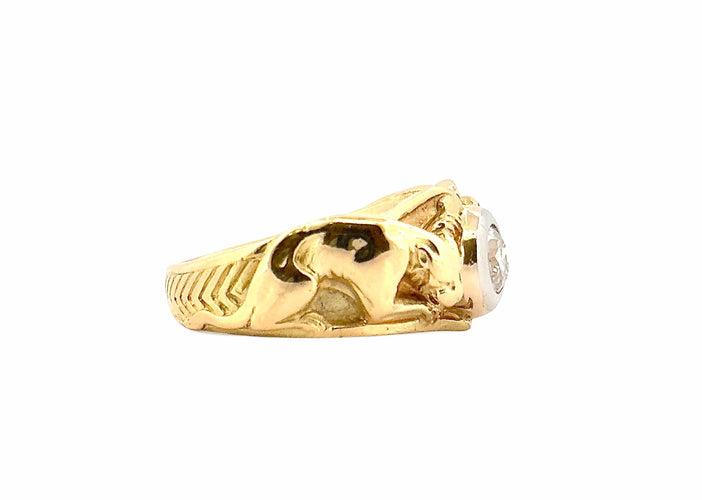 Anel de sinete em ouro amarelo e Platina cravejado com um diamante