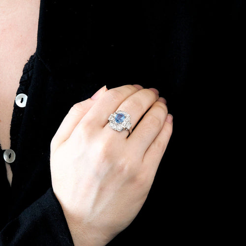 Bague 56 Bague style Art Déco saphir de Ceylan diamants 58 Facettes