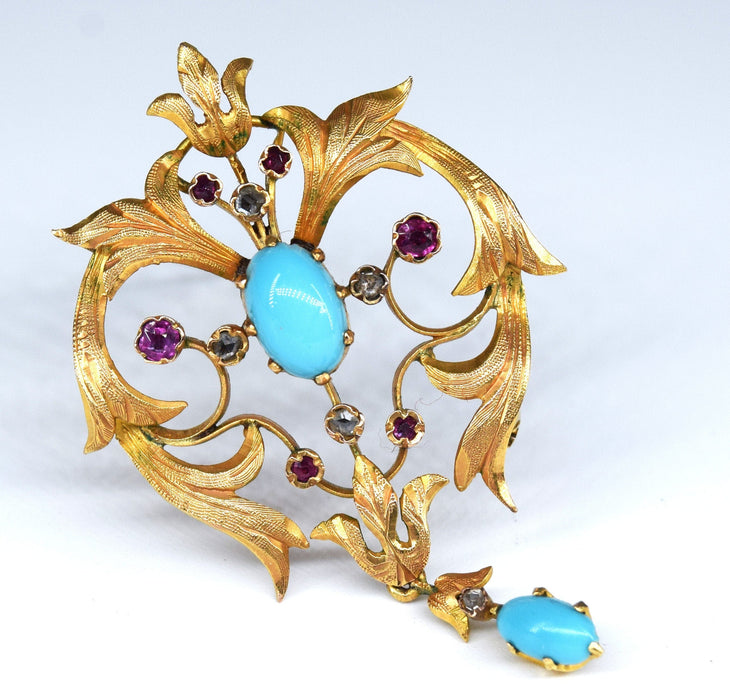 Broche Broche vintage années 70, turquoise, rubis, diamants 58 Facettes