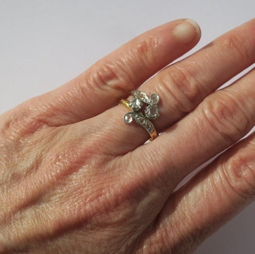 Bague 58 Bague Toi et Moi XIXe Volutes Diamants or jaune et platine 58 Facettes