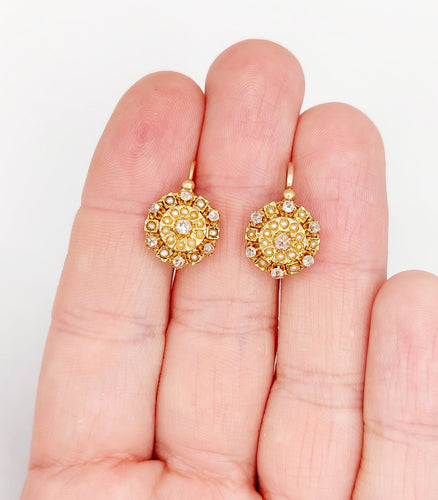 Boucles d'oreilles Dormeuses marguerite antique or rose 18k diamants et perles (circa 1900) 58 Facettes A06102