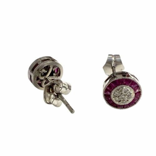 Boucles d'oreilles Boucles d'oreilles œil d'oiseau de style Art Déco en or blanc, rubis et diamants avec certification HRD 58 Facettes Q31B