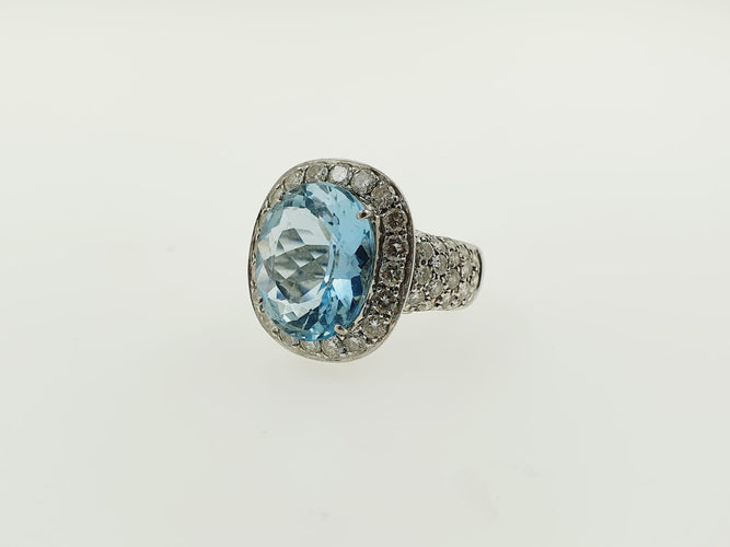 Bague 51 Bague or blanc aigue-marine diamants 58 Facettes