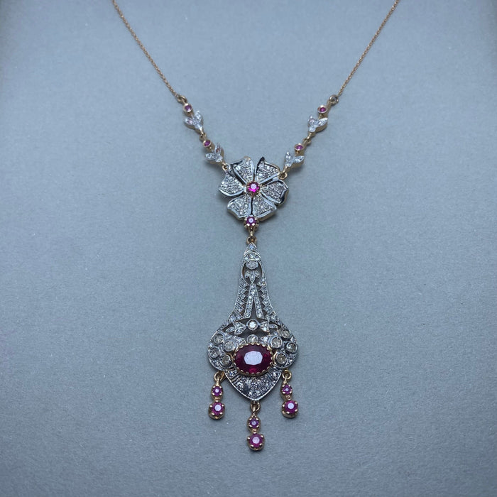 Yellow gold necklace silver ruby diamonds