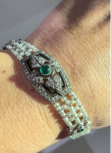 Bracelet BRACELET ART DECO EMERAUDE PERLES DIAMANTS ONYX 58 Facettes Réf 1_0000019/1