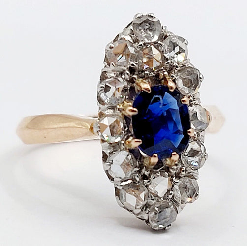 Bague 47 Bague marquise antique or rose 18k saphir synthétique taille coussin et diamants taille roses (circa 1900) 58 Facettes A05612