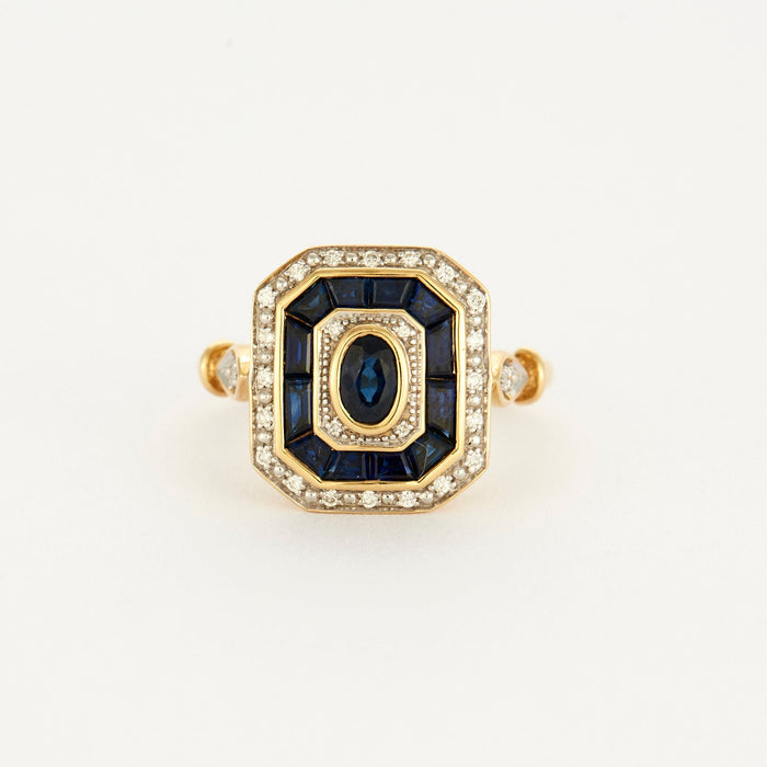 Art deco style ring with sapphires and diamonds in yellow gold