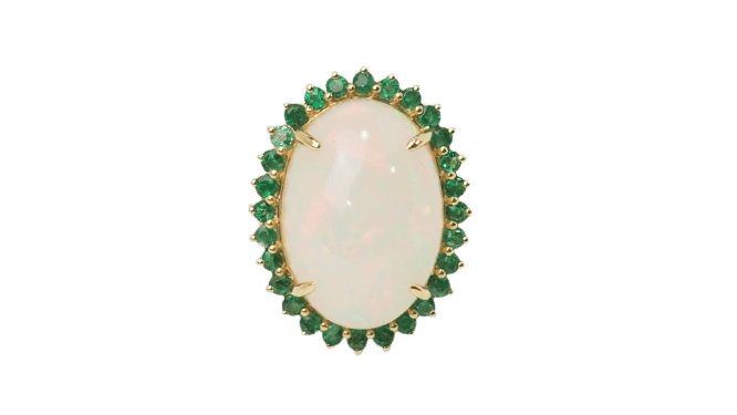 Bague 54 Bague ovale en or jaune, opale cabochon et émeraudes 58 Facettes 32639
