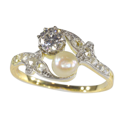 Vintage Belle Epoque diamant- og perle romantisk toi-et-moi forlovelsesring 