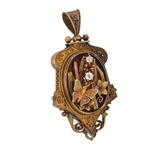 Pendentif Grand médaillon victorien antique en or jaune 14 carats avec pendentif en diamant et papillon 58 Facettes G13632
