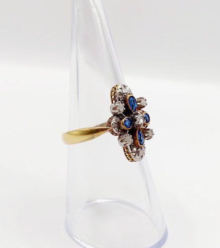 Bague 55 Bague duchesse antique diamants taille roses et pierres bleues en or 18k et platine 58 Facettes A06416