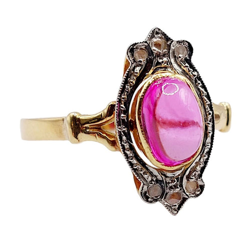 Bague marquise style Art Nouveau or jaune, cabochon de rubis synthétique et diamants taille rose 58 Facettes A05885
