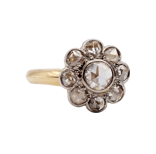 Bague 51 Bague marguerite antique en or 18k et platine, diamants taille rose 58 Facettes A06414