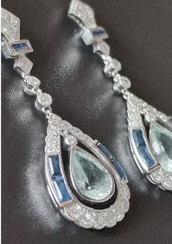Boucles d'oreilles Boucles d'oreilles en platine de style Art déco avec diamants, aigues-marines et saphirs 58 Facettes Q355B